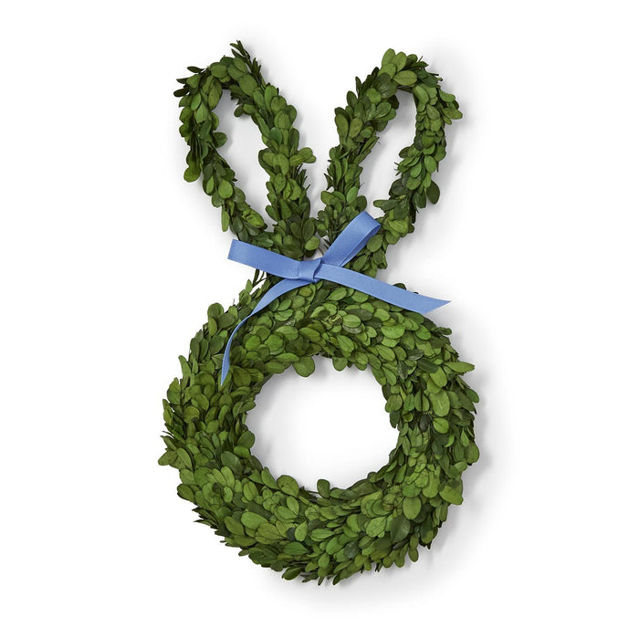 Bunny-shaped preserved boxwood wreath with a blue bow