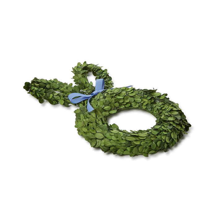 Bunny-shaped boxwood wreath lying flat
