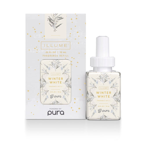 Illume Winter White Pura refill vial beside its box