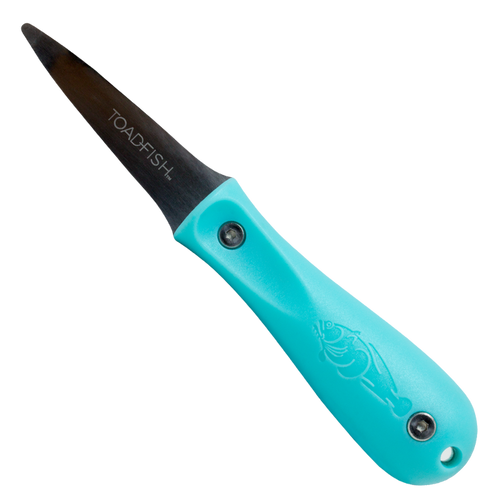 Toadfish oyster knife with a black blade and a teal ergonomic handle