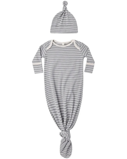 Quincy Mae Knotted Baby Gown + Hat Set - Slate Microstripe