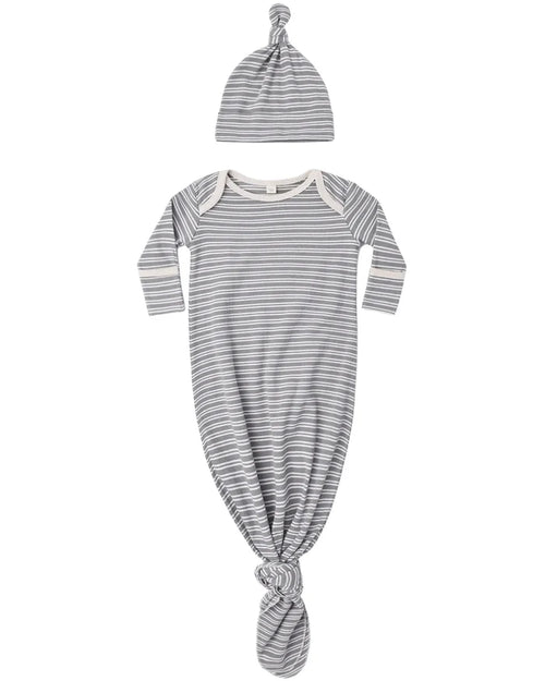 Quincy Mae Knotted Baby Gown + Hat Set - Slate Microstripe