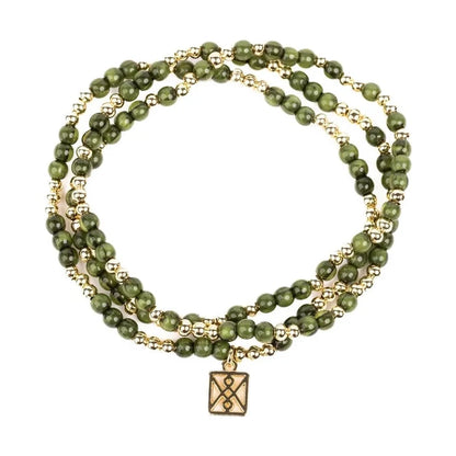Olive green and gold beaded wrap bracelet with a square charm