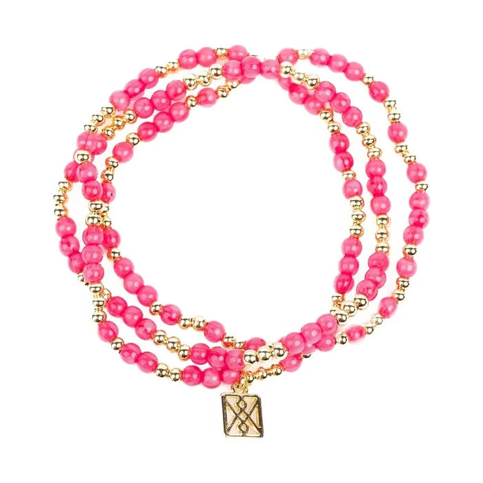 Pink and gold beaded wrap bracelet with a square charm