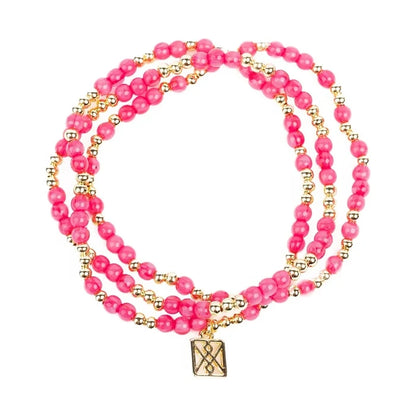 Pink and gold beaded wrap bracelet with a square charm