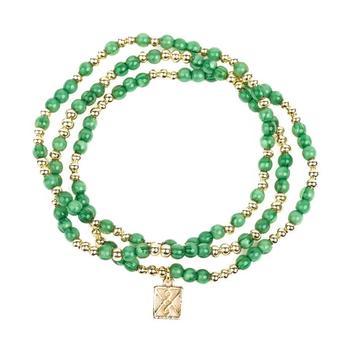 Green and gold beaded wrap bracelet with a square charm