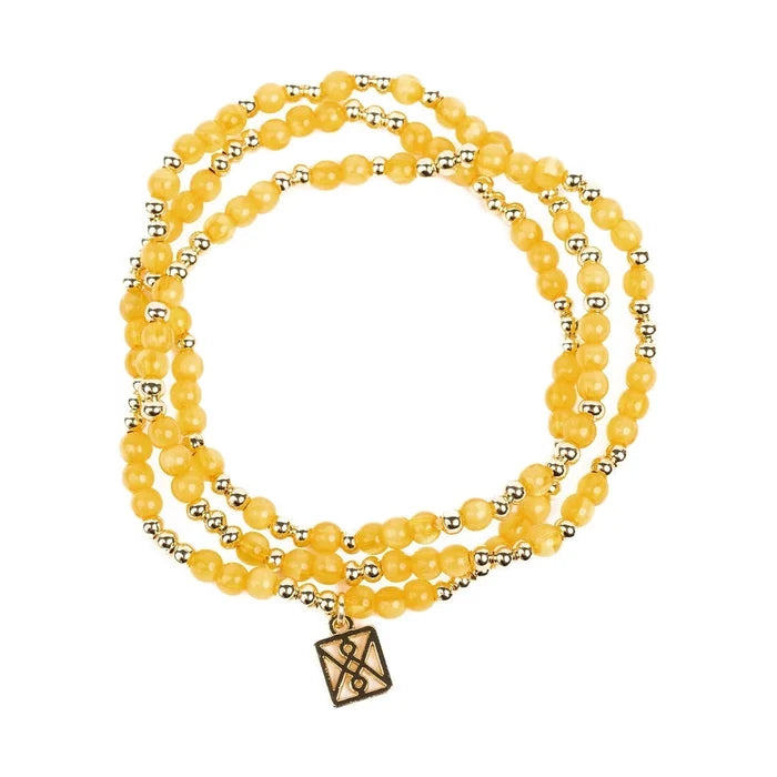 Yellow and gold beaded wrap bracelet with a square charm
