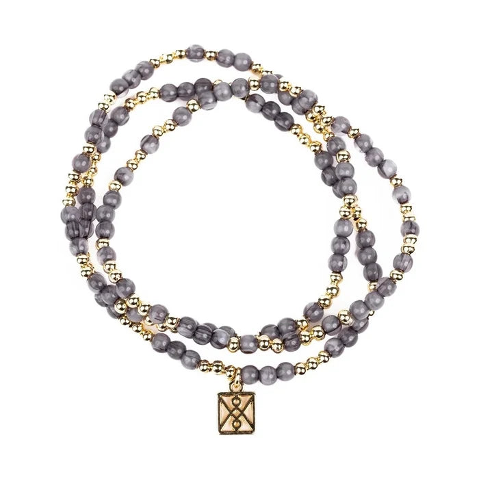 Gray and gold beaded wrap bracelet with a square charm