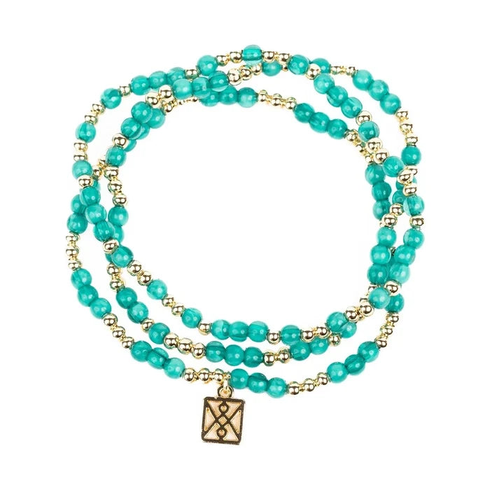 Turquoise and gold beaded wrap bracelet with a square charm