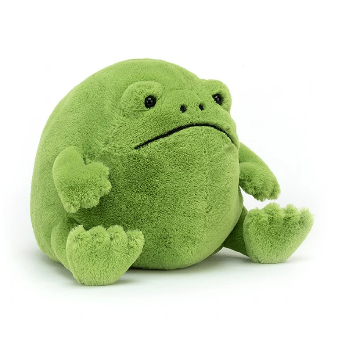 Green frog plush with a grumpy expression
