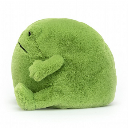 Green frog plush seen from the side