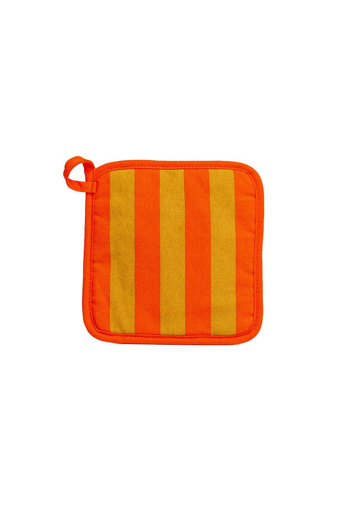 Square pot holder with orange and yellow vertical stripes and a hanging loop