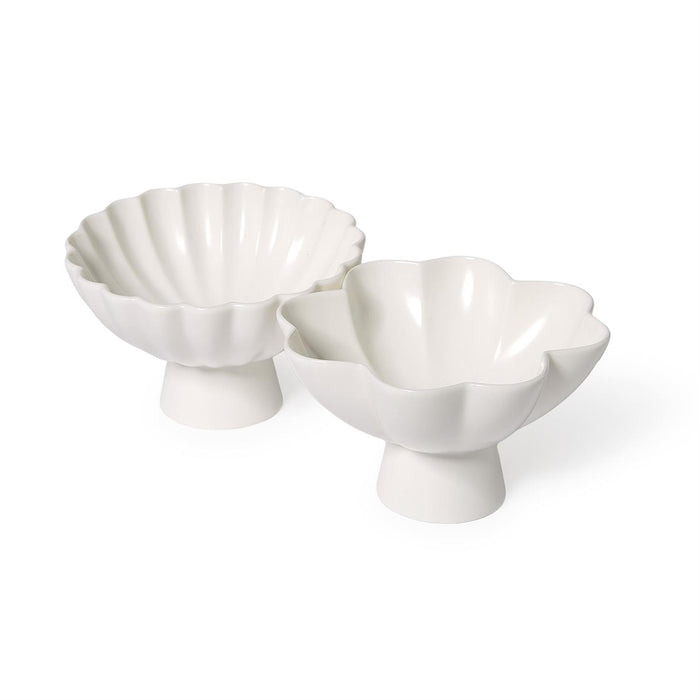 Two white ruffle-edged footed tidbit bowls
