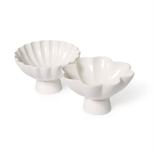 Two white ruffle-edged footed tidbit bowls