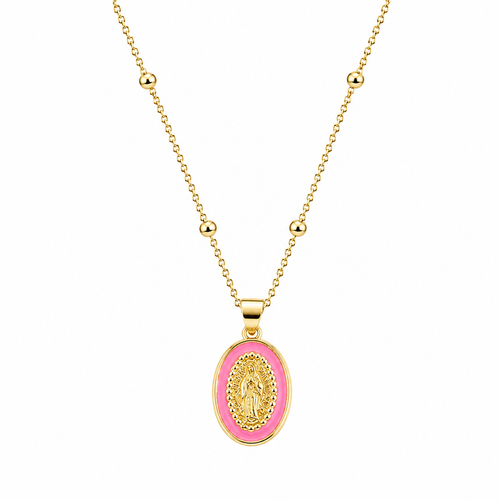Gold bead chain necklace with a pink enamel Virgin Mary medallion