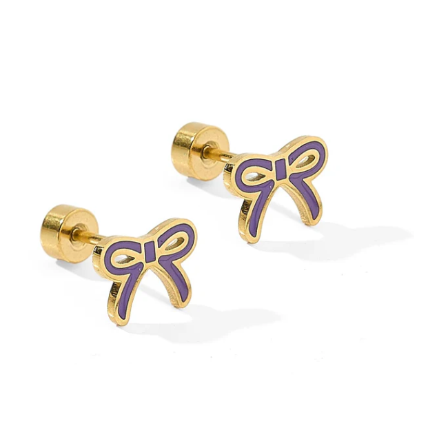 Gold screwback bow studs with purple enamel