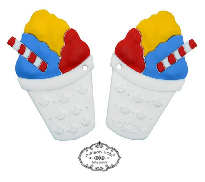 Two snowball cone silicone teethers in red, yellow and blue