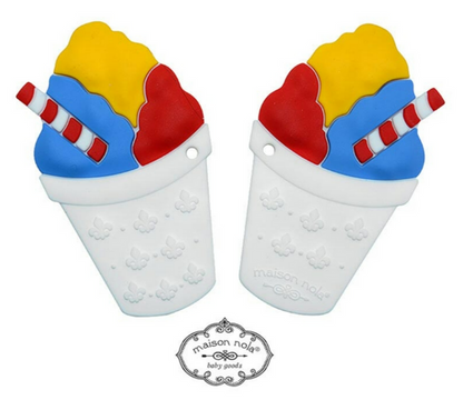 Two snowball cone silicone teethers in red, yellow and blue