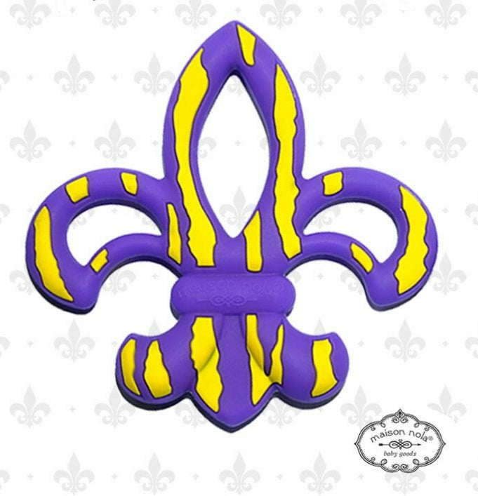 Purple and gold striped fleur-de-lis silicone teether