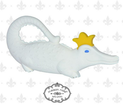 White alligator silicone teether wearing a gold crown