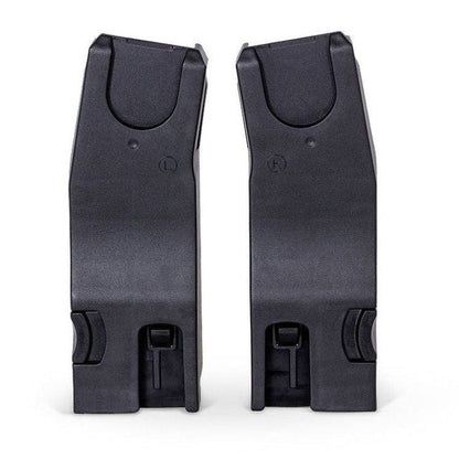 A pair of black plastic stroller car seat adapters marked with "L" and "R" labels.
