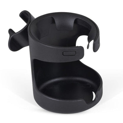A black plastic clip-on cup holder designed for a stroller.