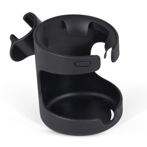 A black plastic clip-on cup holder designed for a stroller.