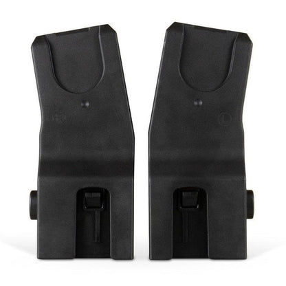 A pair of black plastic car seat adapters for a stroller, labeled right and left.
