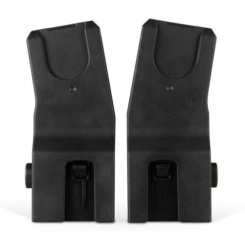 A pair of black plastic car seat adapters for a stroller, labeled right and left.