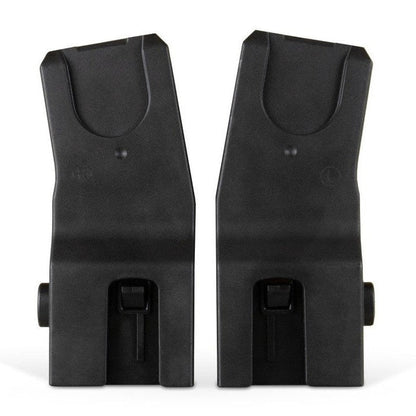 A pair of black plastic car seat adapters for a stroller, labeled right and left.