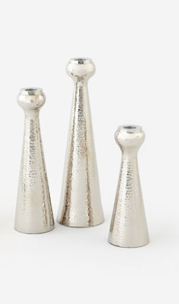 Three silver cone-shaped taper candle holders