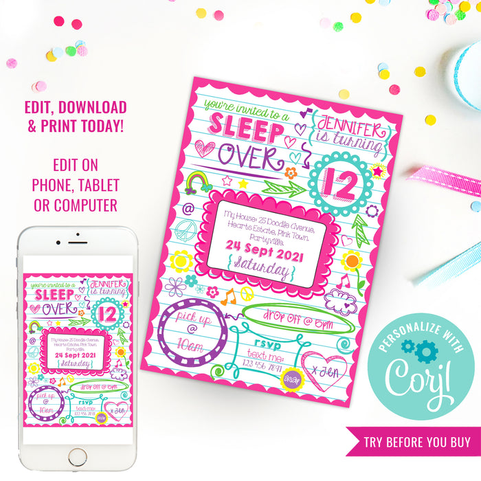 Sleepover Doodle Invitation Slumber Party
