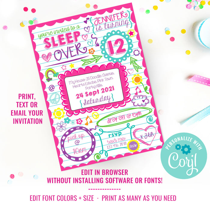 Sleepover Doodle Invitation Slumber Party