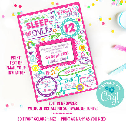 Sleepover Doodle Invitation Slumber Party