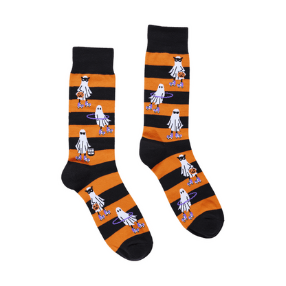 Black and orange striped socks with ghosts