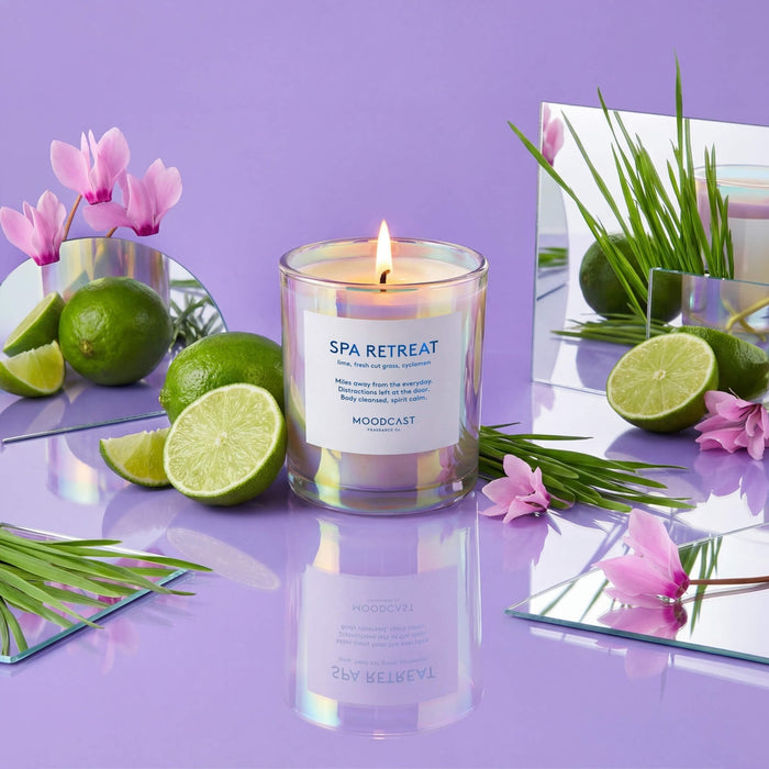 Lit Moodcast Spa Retreat 8 oz candle with limes and pink flowers