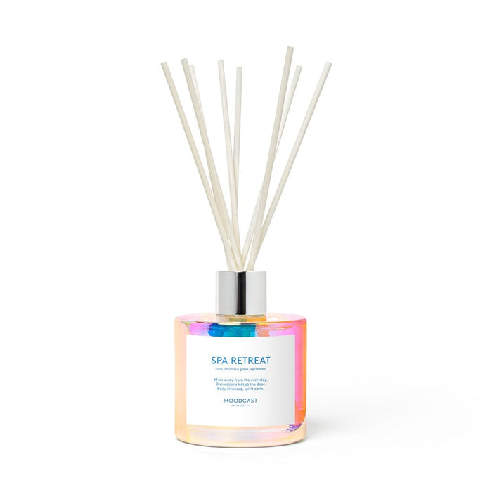 Moodcast Spa Retreat reed diffuser in an iridescent bottle