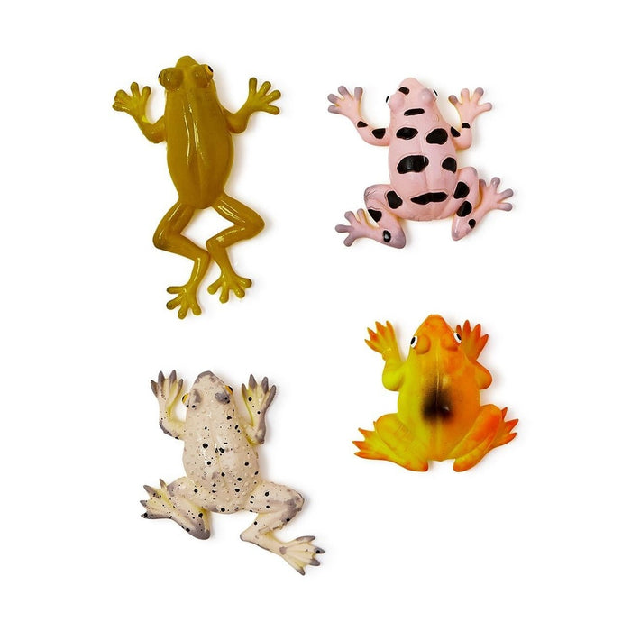 Four squishy toy frogs in yellow, pink, cream and orange