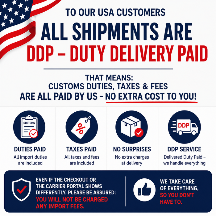 Promotional graphic for DDP (Duty Delivery Paid) service with USA flag and text about duty, taxes, and fees.