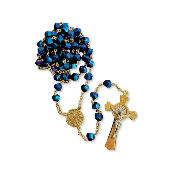 St. Benedict - San Benito - Blue AOB Crystal Rosary Blessed By Pope | Catholically