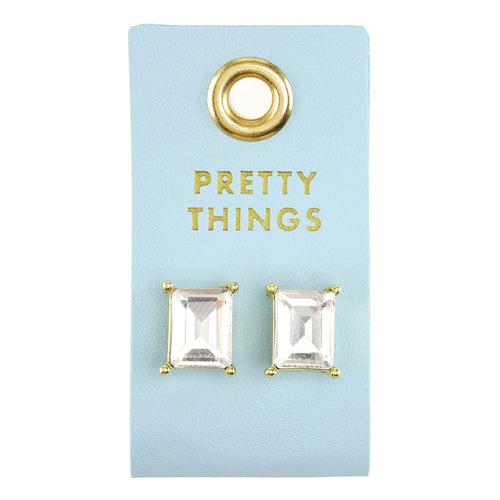Rectangle crystal stud earrings on a light blue Pretty Things card