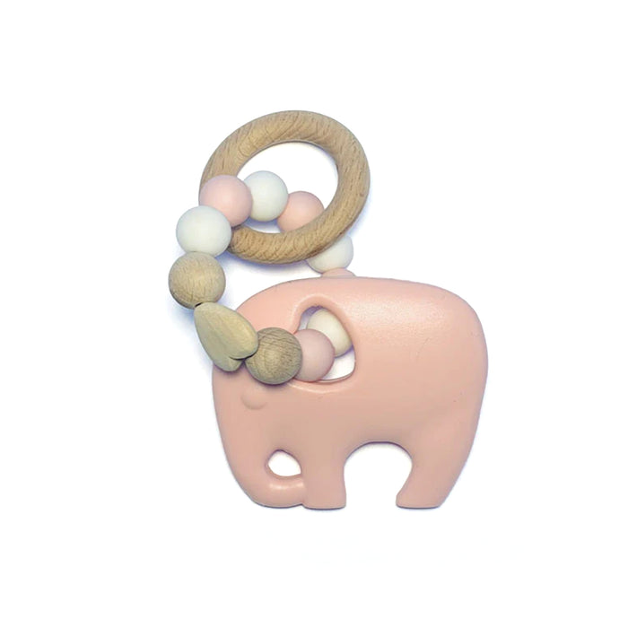 Sugar + Maple Silicone with Beechwood Teether- Elephant Pink