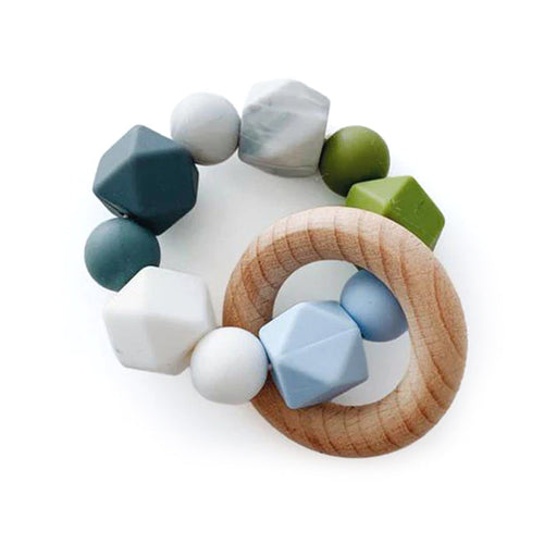 Sugar + Maple Silicone with Beechwood Teether - Multi Color Blue