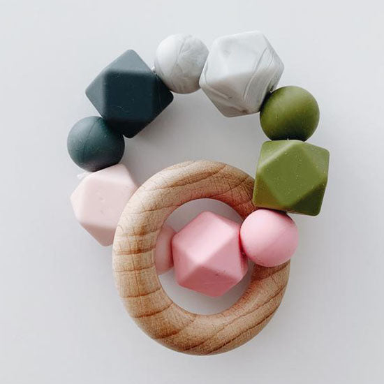 Sugar + Maple Silicone with Beechwood Teether - Multi Color Pink