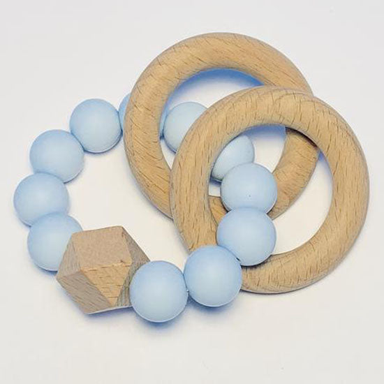 Sugar + Maple Silicone with Beechwood Teether - Rings Blue