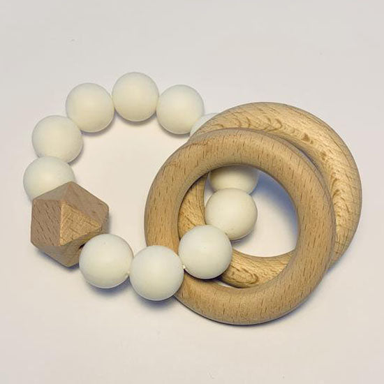 Sugar + Maple Silicone with Beechwood Teether - Rings White