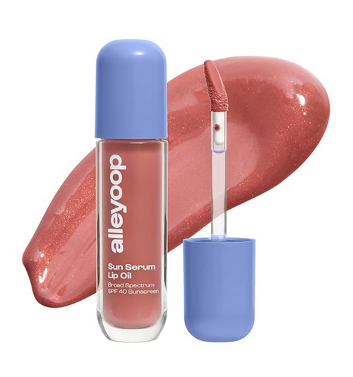 Alleyoop Sun Serum Lip Oil in a rose shade with applicator and product swatch