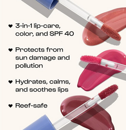 Lip gloss wands with swatches showing benefits including SPF 40, sun protection, hydration, and reef safe formula