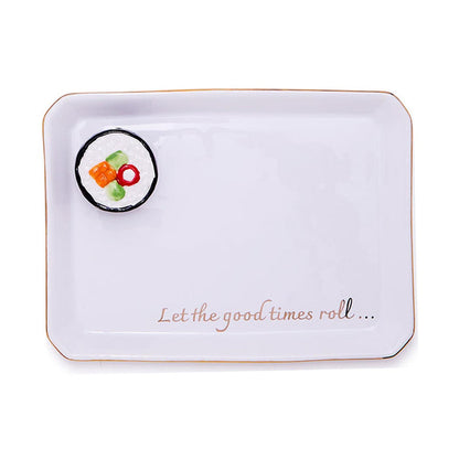 White trinket tray with a sushi roll and Let the good times roll script