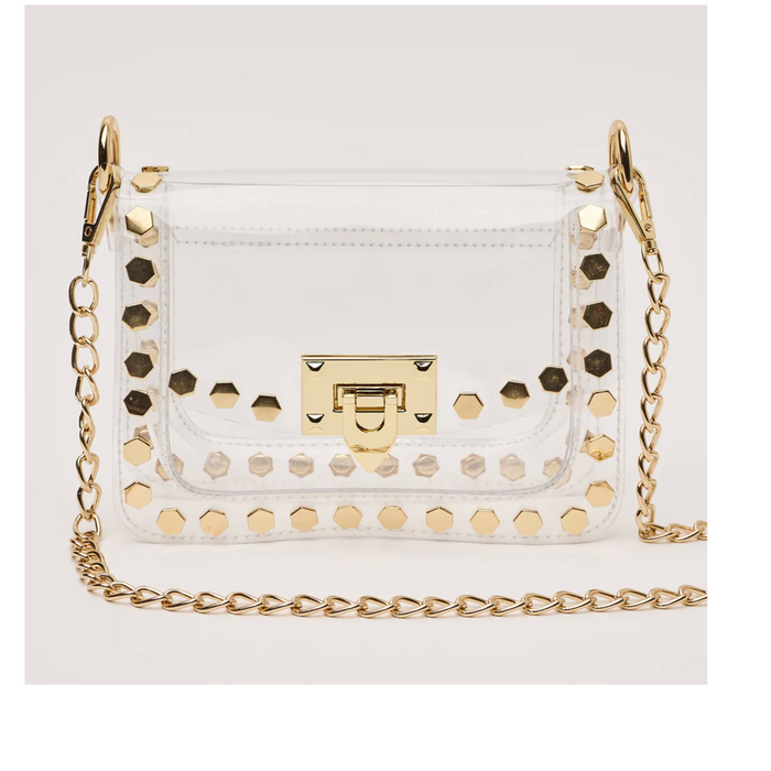 Clear crossbody bag with gold hexagon studs, gold clasp and chain strap